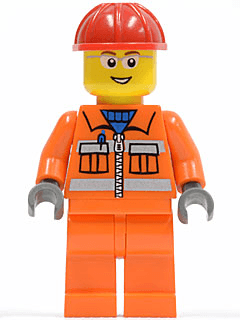 Construction Worker - Orange Zipper, Safety Stripes, Orange Arms, Orange Legs, Red Construction Helmet, Glasses with Gray Side Frames (Crane Operator)