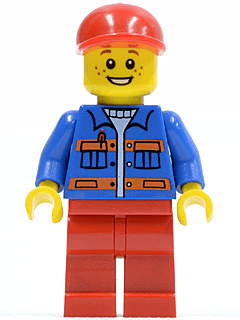 Blue Jacket with Pockets and Orange Stripes, Red Legs, Red Short Bill Cap