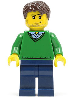 LEGO Green V-Neck Sweater Dark Brown Short Tousled Hair Smirk and Stubble Beard (cty0261) minifigure