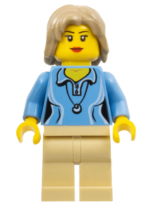 Medium Blue Female Shirt with Two Buttons and Shell Pendant, Tan Legs, Dark Tan Mid-Length Tousled Hair