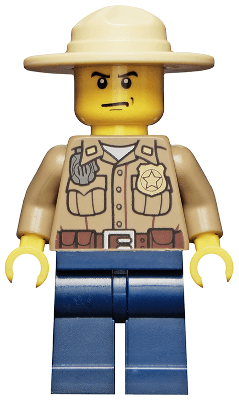 Forest Police - Dark Tan Shirt with Pockets, Radio and Gold Badge, Dark Blue Legs, Campaign Hat, Angry Eyebrows and Scowl, White Pupils