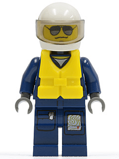 Forest Police - Helicopter Pilot, Dark Blue Flight Suit with Badge, Helmet, Life Jacket Center Buckle, Black and Pearl Dark Gray Sunglasses