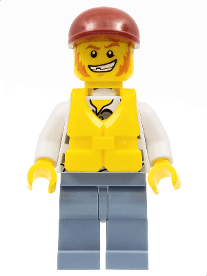 Police - Jail Prisoner Torn Overalls over Prison Stripes, Sand Blue Legs, Dark Red Short Bill Cap, Life Jacket Center Buckle