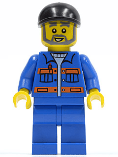 LEGO Blue Jacket with Pockets and Orange Stripes Black Short Bill Cap Gray Beard (cty0290) Town / City Minifigure
