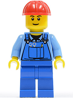 LEGO Overalls with Tools in Pocket Blue Red Construction Helmet Black Eyebrows (cty0291) Town / City Minifigure