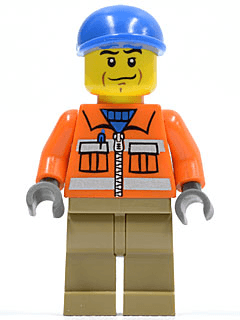 Construction Worker - Orange Zipper, Safety Stripes, Orange Arms, Dark Tan Legs, Blue Short Bill Cap