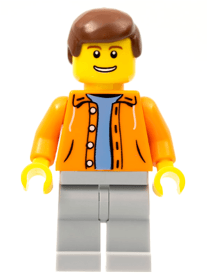 Orange Jacket with Hood over Light Blue Sweater, Light Bluish Gray Legs, Reddish Brown Male Hair