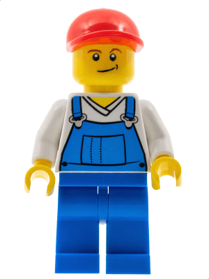 LEGO Overalls Blue over V-Neck Shirt Red Short Bill Cap Crooked Smile (cty0320) Town / City Minifigure