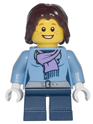 LEGO Medium Blue Jacket with Light Purple Scarf Dark Blue Short Legs Dark Brown Mid-Length T (cty0331) Town / City Minifigure