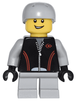 LEGO Leather Jacket with Zipper Red Lines and Logo Pattern Light Bluish Gray Short Legs Light Bluish Gray Sports Helmet (cty0332) minifigure