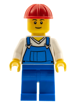 Overalls Blue over V-Neck Shirt, Blue Legs, Red Construction Helmet