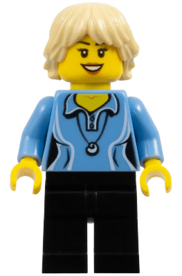 LEGO Medium Blue Female Shirt with Two Buttons and Shell Pendant Tan Tousled and Layered Hai (cty0355) Town / City Minifigure