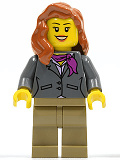 Dark Bluish Gray Jacket with Magenta Scarf, Dark Tan Legs, Dark Orange Female Hair over Shoulder