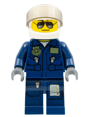 Forest Police - Helicopter Pilot, Dark Blue Flight Suit with Badge, Helmet, Black and Silver Sunglasses, Black Eyebrows