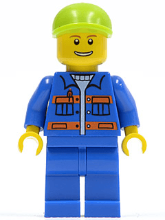Blue Jacket with Pockets and Orange Stripes, Blue Legs, Lime Short Bill Cap, Thin Grin with Teeth