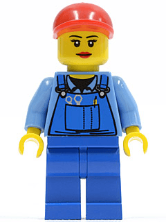 Overalls with Tools in Pocket Blue, Red Short Bill Cap, Eyelashes and Red Lips