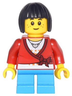 LEGO Sweater Cropped with Bow Heart Necklace Dark Azure Short Legs Black Bob Cut Hair (cty0437) Town / City Minifigure