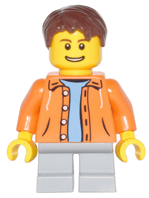 Orange Jacket with Hood over Light Blue Sweater, Light Bluish Gray Short Legs, Reddish Brown Short Tousled Hair