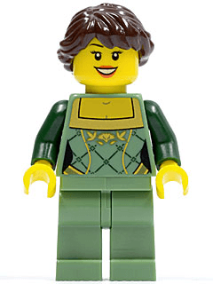 LEGO Sand Green Female Corset with Gold Trimmed Front Dark Brown Hair Ponytail Long French B (cty0444) Town / City Minifigure