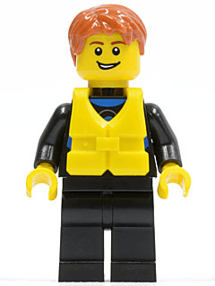 Wetsuit with Blue Sign, Black Legs, Dark Orange Short Tousled Hair, Life Jacket Center Buckle, Open Grin
