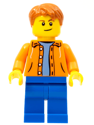 Orange Jacket with Hood over Light Blue Sweater, Blue Legs, Dark Orange Short Tousled Hair, Crooked Smile with Brown Dimple