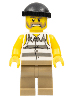 Police - Jail Prisoner Shirt with Prison Stripes and Torn out Sleeves, Dark Tan Legs, Black Knit Cap
