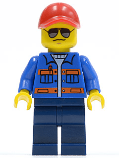 Blue Jacket with Pockets and Orange Stripes, Dark Blue Legs, Red Cap with Hole, Sunglasses, NO Back Print
