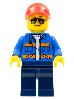 LEGO Blue Jacket with Diagonal Lower Pockets and Orange Stripes Red Cap with Hole Sunglasses with Back Print (cty0500a) minifigure