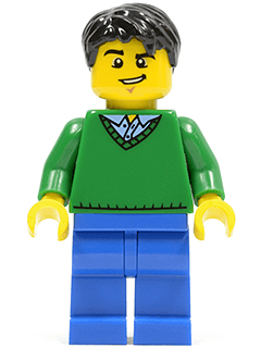 LEGO Green V-Neck Sweater Black Short Tousled Hair Lopsided Grin (cty0503) Town / City Minifigure