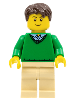 LEGO Green V-Neck Sweater Dark Brown Short Tousled Hair (cty0547) Town / City Minifigure