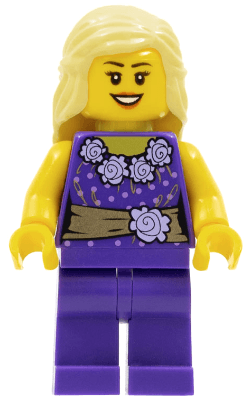 Female Dark Purple Blouse with Gold Sash and Flowers, Dark Purple Legs, Bright Light Yellow Female Hair Mid-Length