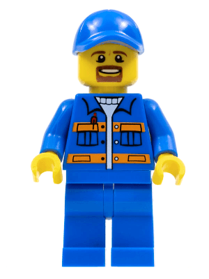 LEGO Blue Jacket with Pockets and Orange Stripes Blue Cap with Hole Brown Moustache and Goat (cty0556) Town / City Minifigure