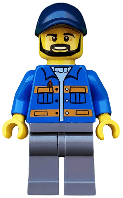 Blue Jacket with Pockets and Orange Stripes, Dark Bluish Gray Legs, Dark Blue Cap with Hole, Black Beard