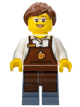 City Square Barista - Reddish Brown Apron with Cup, Reddish Brown Ponytail and Swept Sideways Fringe, Glasses and Smile