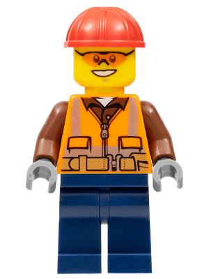 Construction Worker - Male, Orange Safety Vest, Reflective Stripes, Reddish Brown Shirt, Dark Blue Legs, Red Construction Helmet, Orange Safety Glasses