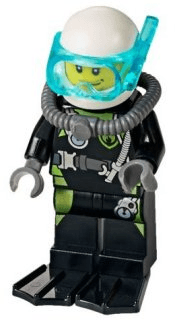 Fire - Scuba Diver, Black Flippers, Dark Bluish Gray Scuba Tank, White Helmet, Trans-Light Blue Scuba Mask