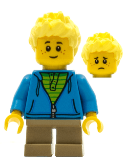 LEGO Boy Dark Azure Hoodie with Green Striped Shirt Dark Tan Short Legs Freckles (cty0657) minifigure