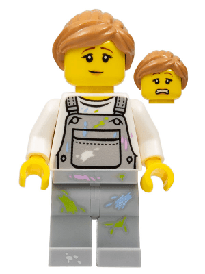 Fence Painter - Female, Light Bluish Gray Overalls with Paint Splotches, Medium Nougat Ponytail