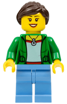 Customer - Green Female Jacket Open with Necklace, Medium Blue Legs, Dark Brown Ponytail and Swept Sideways Fringe