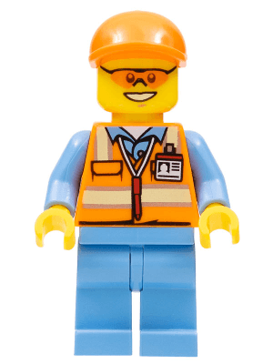 Orange Safety Vest with Reflective Stripes, Medium Blue Legs, Orange Short Bill Cap, Orange Sunglasses