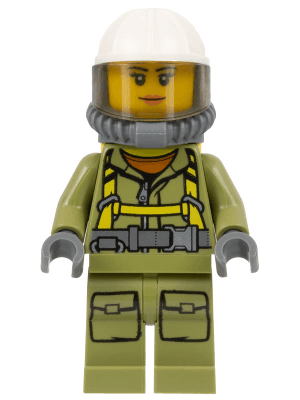 Volcano Explorer - Female Worker, Suit with Harness, Construction Helmet, Breathing Neck Gear with Air Tanks, Trans-Brown Visor