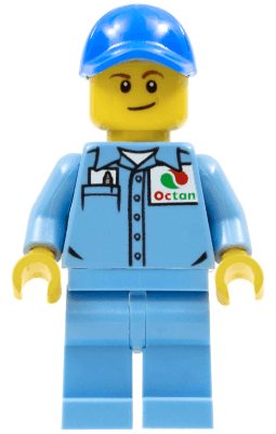 LEGO Medium Blue Uniform Shirt with Pocket and Octan Logo Blue Cap with Hole Lopsided Smile (cty0689) Town / City Minifigure