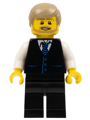 Black Vest with Blue Striped Tie, Black Legs, White Arms, Dark Tan Male Hair, Dark Tan Beard
