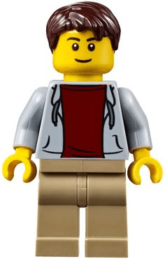 Light Bluish Gray Hoodie with Dark Red Shirt, Dark Tan Legs, Dark Brown Tousled Hair, Thin Grin