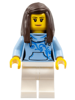 LEGO Pizza Van Customer Female Bright Light Blue Hoodie with Swirl Flower Pattern Dark Brown Hair (cty0710) minifigure