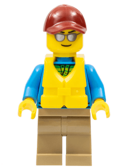 Angler Male, Dark Tan Legs, Dark Red Cap, Silver Sunglasses, Life Jacket Center Buckle