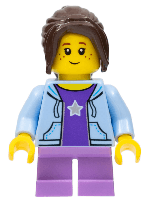 City Bus Passenger - Bright Light Blue Hoodie, Medium Lavender Short Legs, Dark Brown Hair Ponytail Long with Side Bangs, Freckles