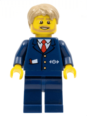 City Bus Driver - Dark Blue Suit with Train Logo, Dark Tan Short Tousled Hair, Beard
