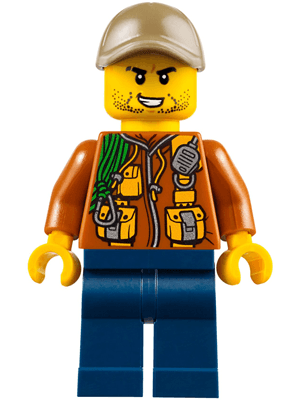 City Jungle Explorer - Dark Orange Jacket with Pouches, Dark Blue Legs, Dark Tan Cap with Hole, Stubble