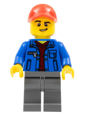 Truck Driver - Blue Jacket over Dark Red V-Neck Sweater, Dark Bluish Gray Legs, Red Cap with Hole, Lopsided Grin